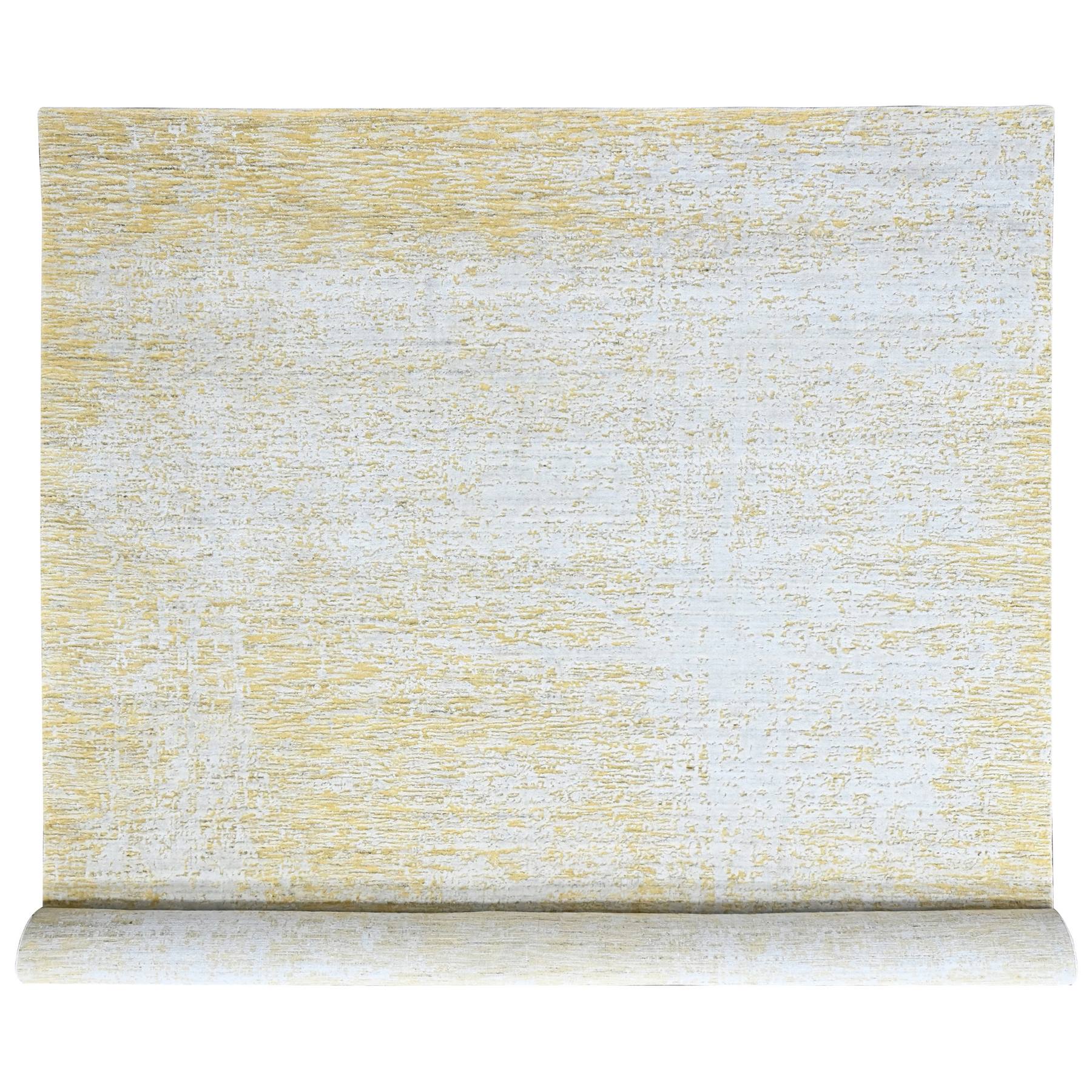 10'x14' Macaroon Yellow, Wool and Plant Based Silk, Hand Loomed, Textured Pile, Modern Design, Oriental Rug 